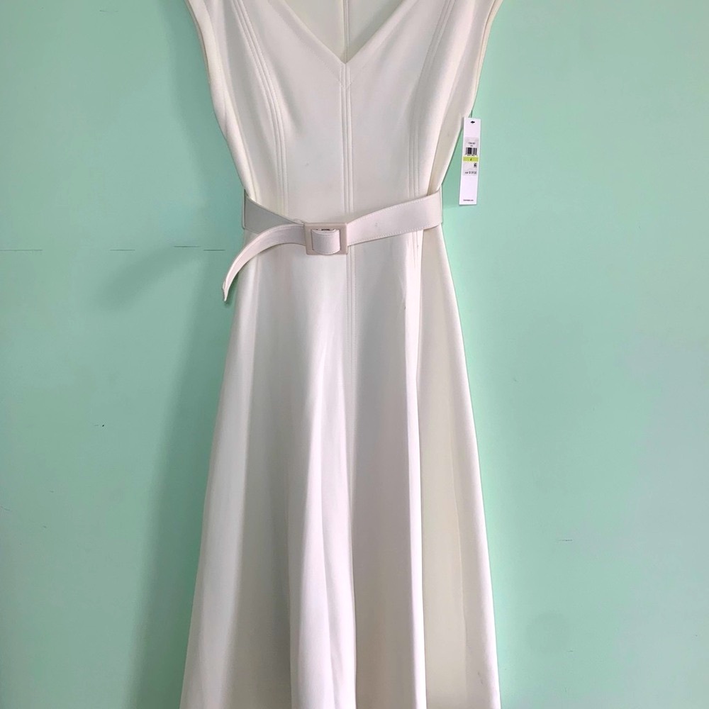 Calvin Klein Cream A-Line V-Neck Midi Dress. Brand New